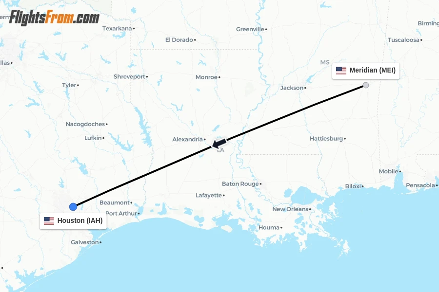 Flights from Meridian to Houston route map