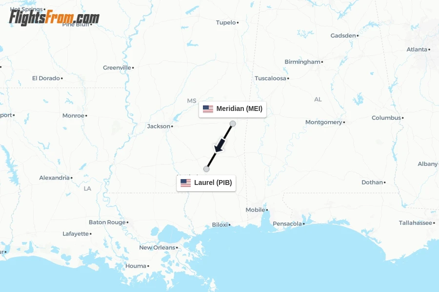 Flights from Meridian to Laurel route map