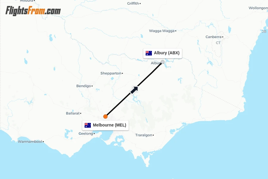 Flights from Melbourne to Albury route map