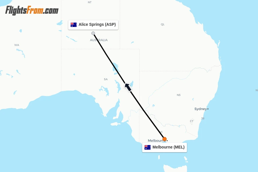 Flights from Melbourne to Alice Springs route map