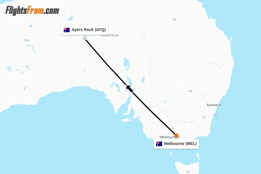 Flights from Melbourne to Ayers Rock route map