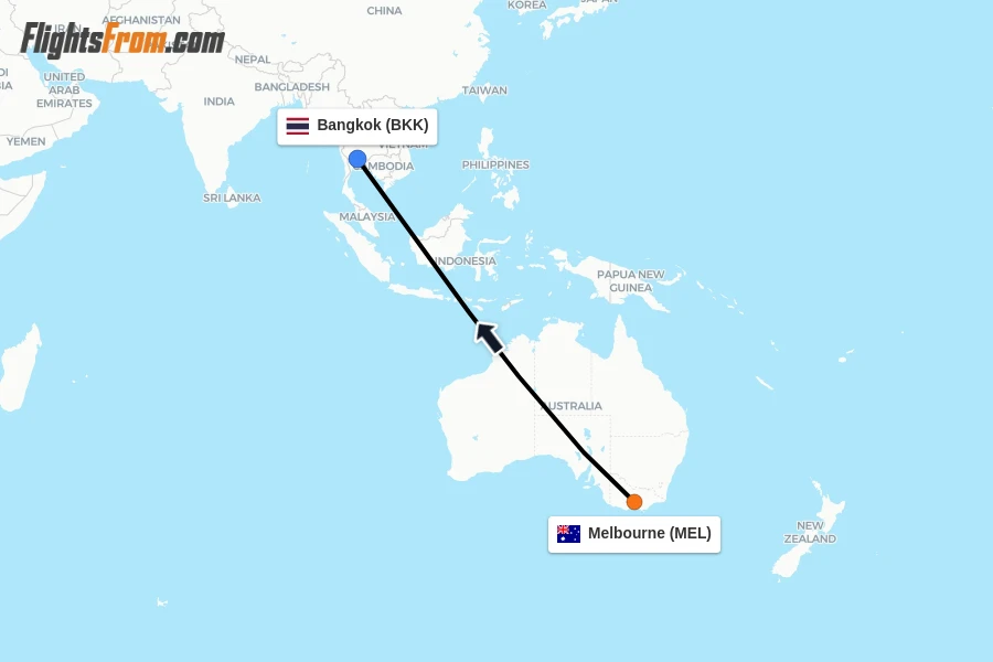 Flights from Melbourne to Bangkok route map