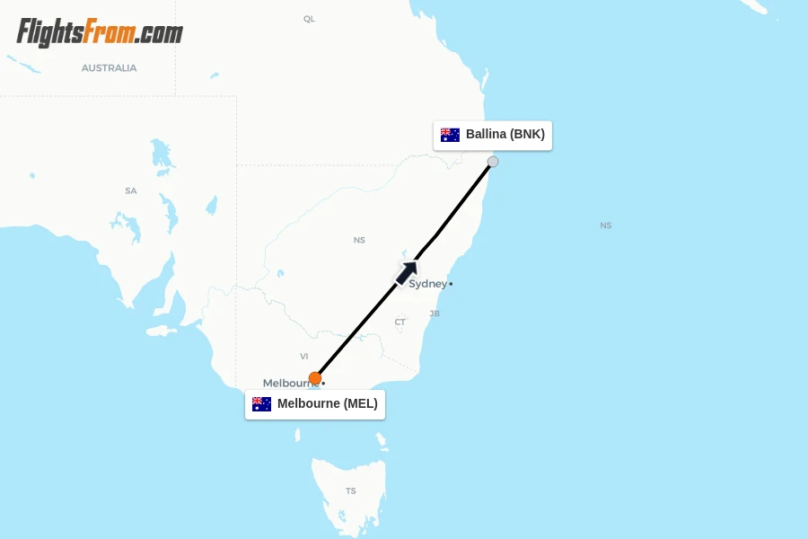 Flights from Melbourne to Ballina route map