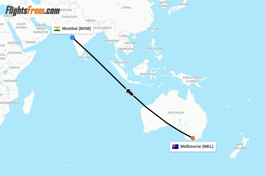 Flights from Melbourne to Mumbai route map