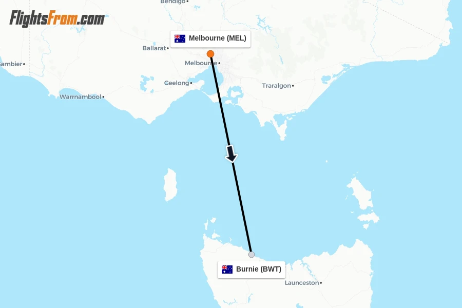 Flights from Melbourne to Burnie route map