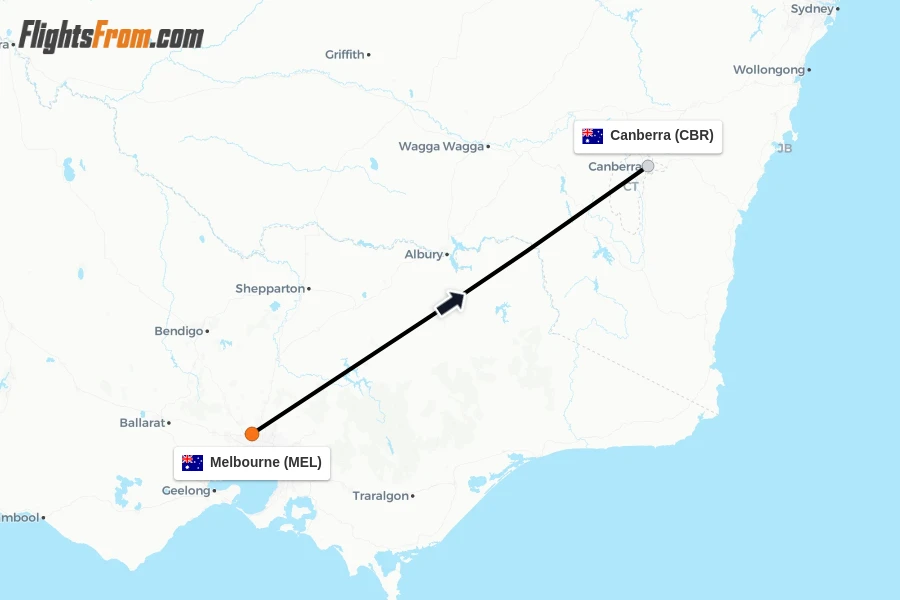 Flights from Melbourne to Canberra route map