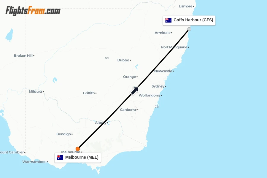 Flights from Melbourne to Coffs Harbour route map