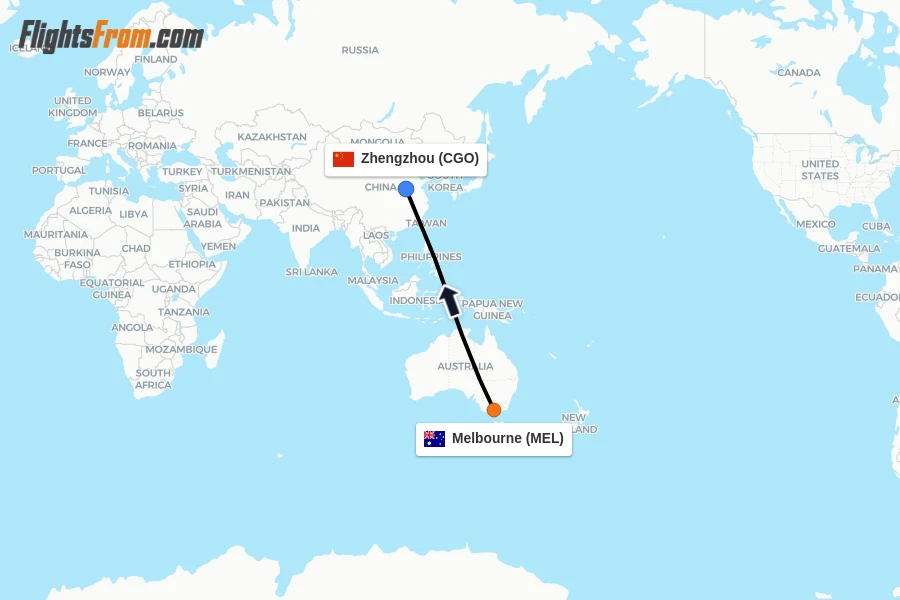 Flights from Melbourne to Zhengzhou route map