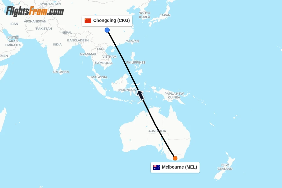 Flights from Melbourne to Chongqing route map