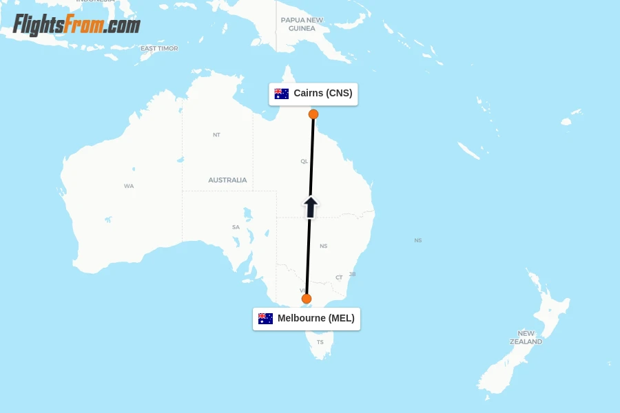 Flights from Melbourne to Cairns route map