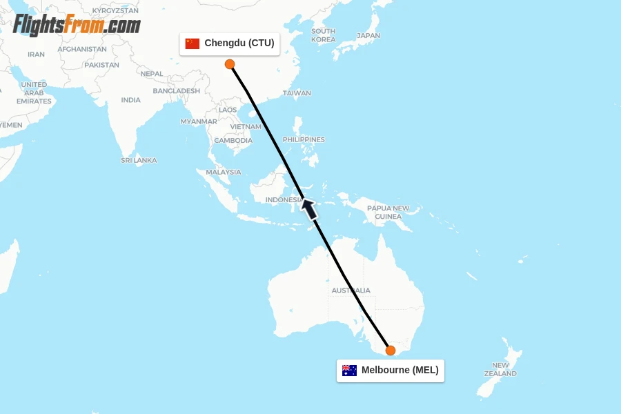 Flights from Melbourne to Chengdu route map