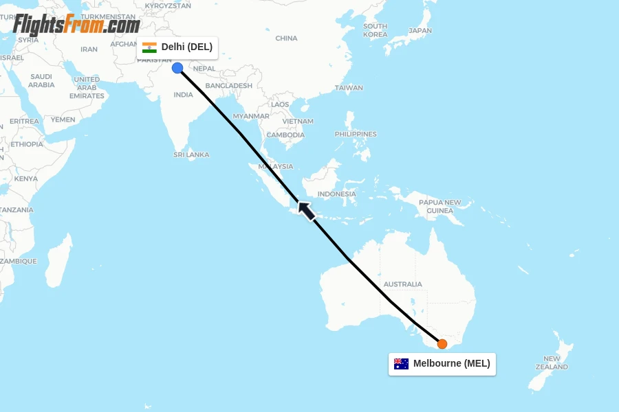 Flights from Melbourne to Delhi route map