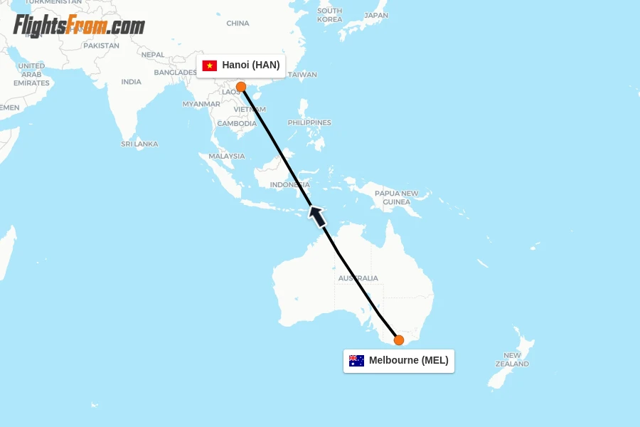 Flights from Melbourne to Hanoi route map