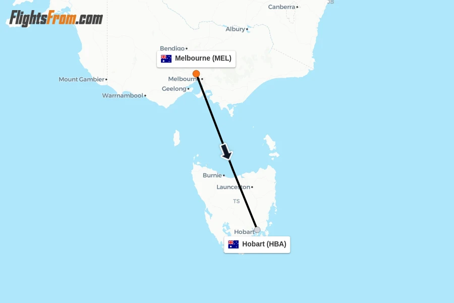 Flights from Melbourne to Hobart route map