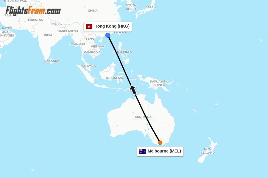 Flights from Melbourne to Hong Kong route map