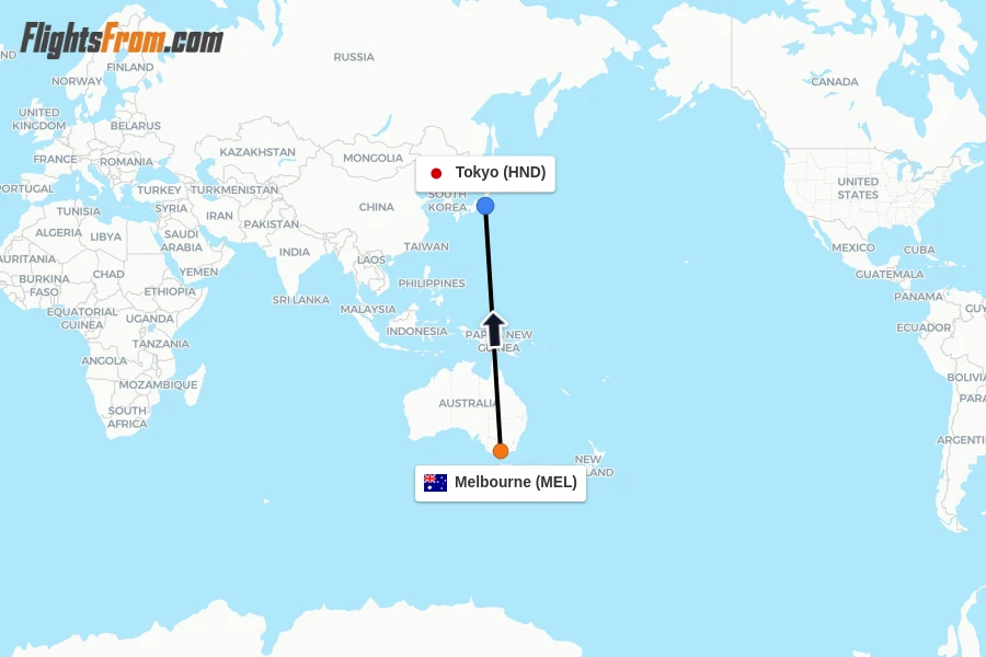 Flights from Melbourne to Tokyo route map