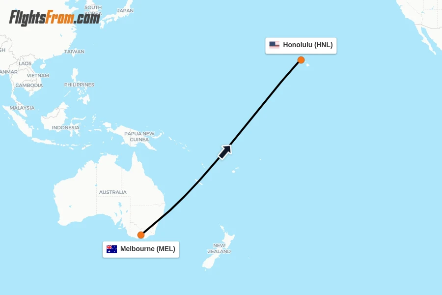 Flights from Melbourne to Honolulu route map