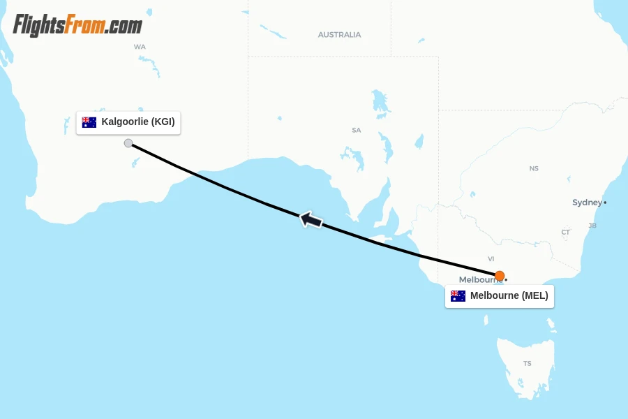 Flights from Melbourne to Kalgoorlie route map