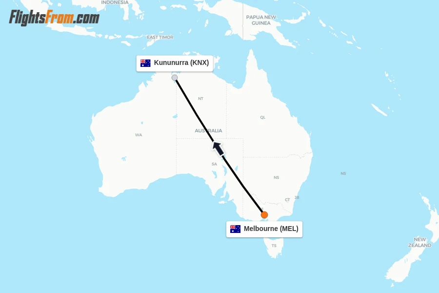 Flights from Melbourne to Kununurra route map
