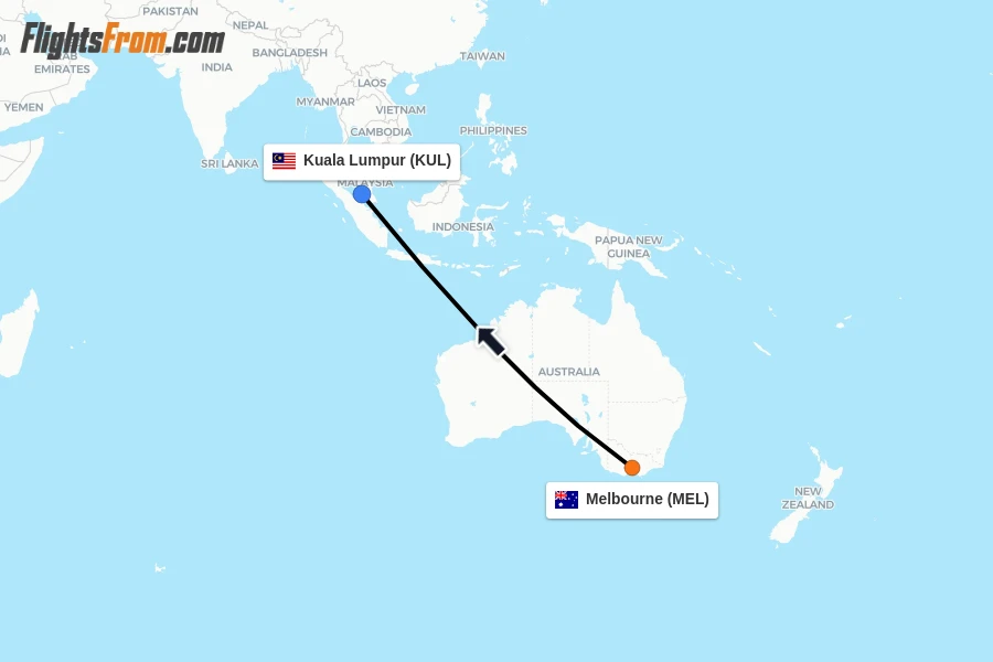 Flights from Melbourne to Kuala Lumpur route map