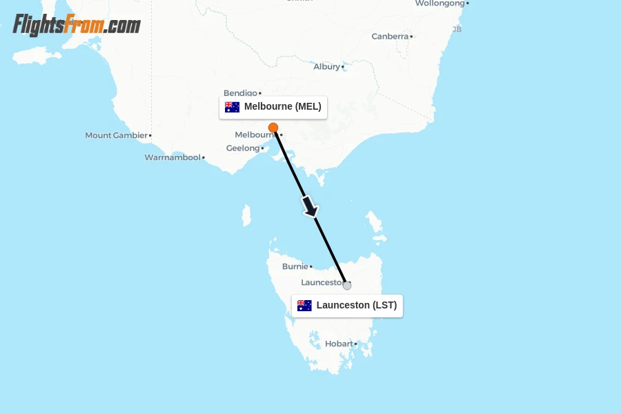 Flights from Melbourne to Launceston route map