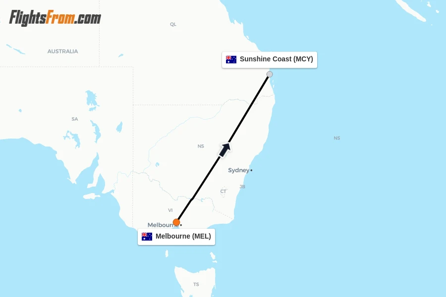 Flights from Melbourne to Sunshine Coast route map