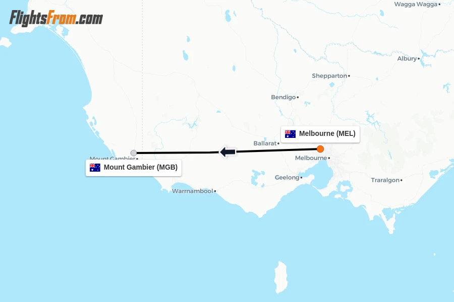 Flights from Melbourne to Mount Gambier route map