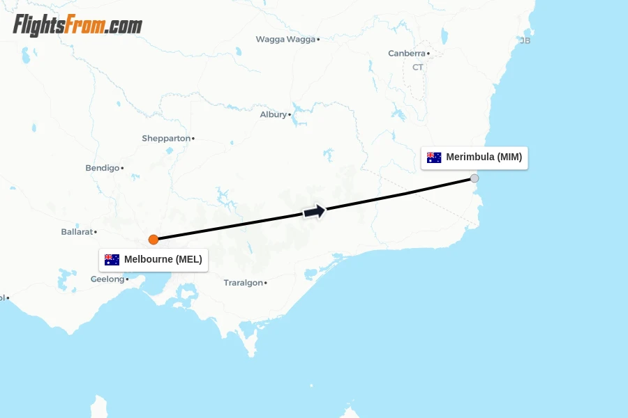 Flights from Melbourne to Merimbula route map