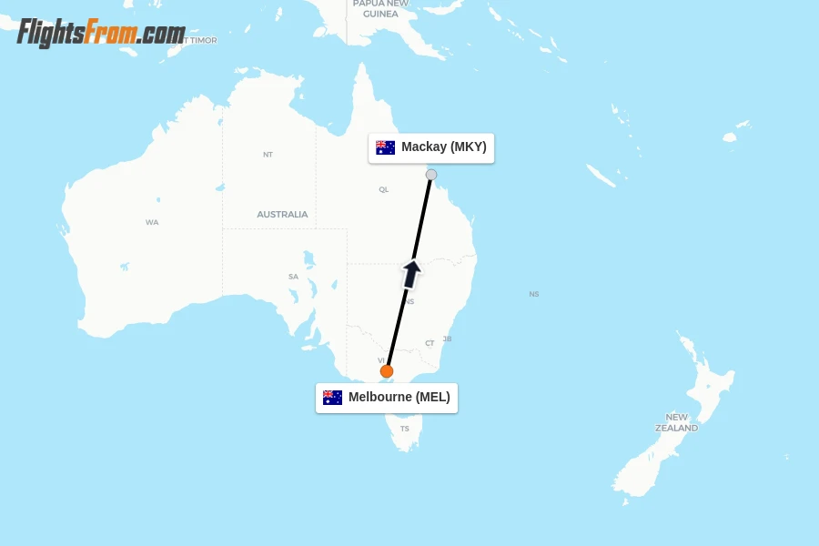 Flights from Melbourne to Mackay route map