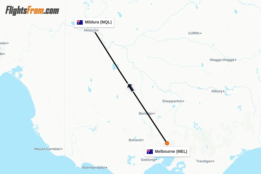 Flights from Melbourne to Mildura route map