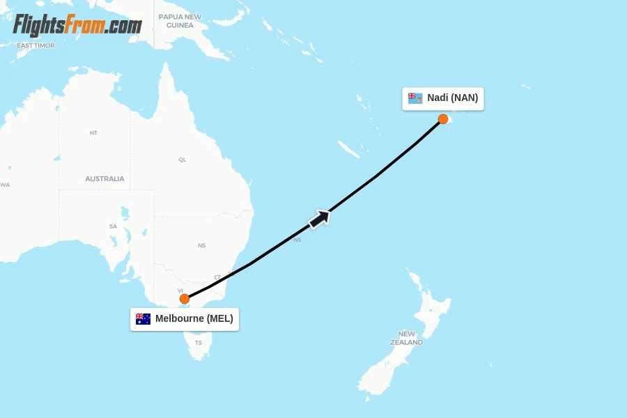 Flights from Melbourne to Nadi route map
