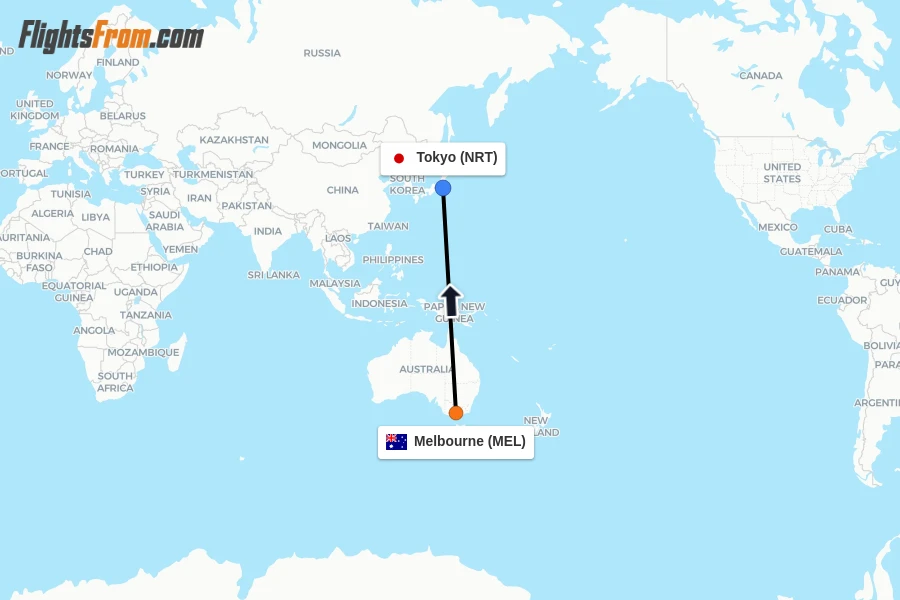 Flights from Melbourne to Tokyo route map