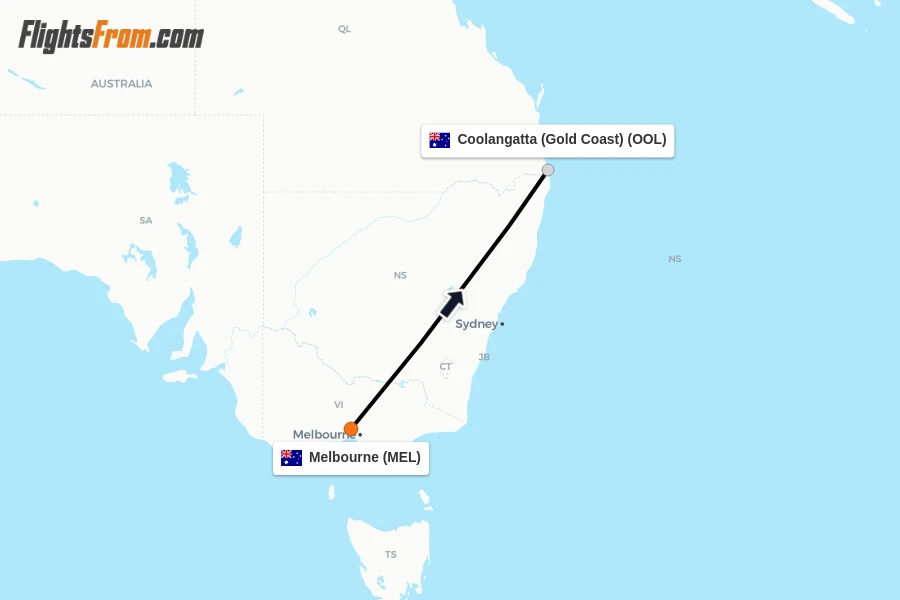Flights from Melbourne to Coolangatta (Gold Coast) route map