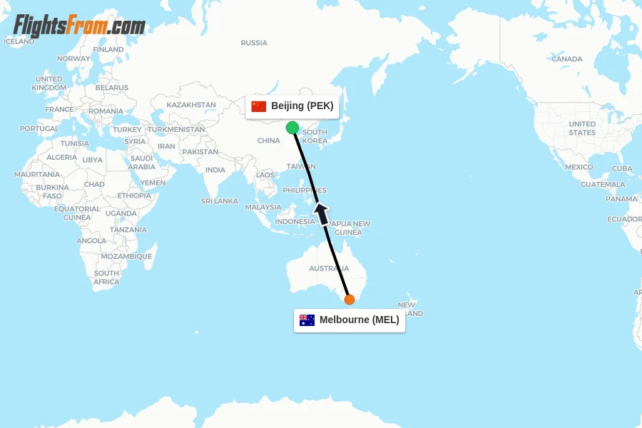 Flights from Melbourne to Beijing route map