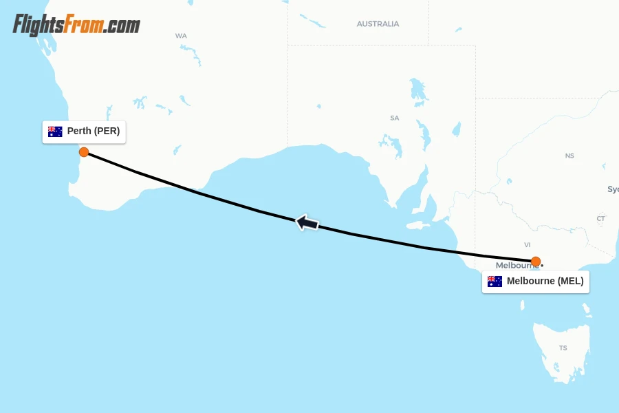 Flights from Melbourne to Perth route map