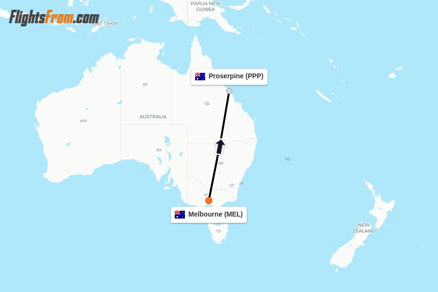 Flights from Melbourne to Proserpine route map