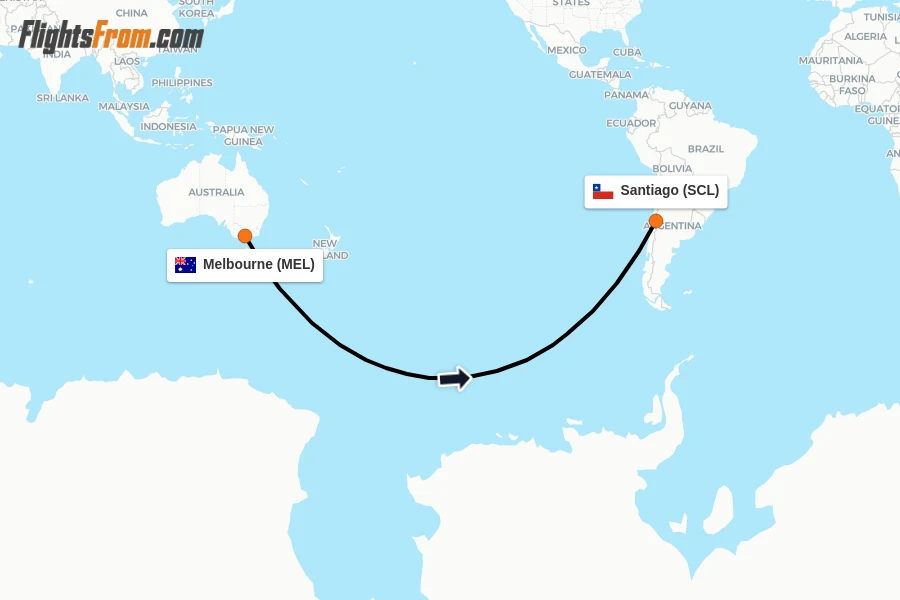 Flights from Melbourne to Santiago route map