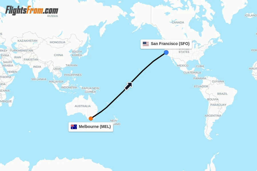 Flights from Melbourne to San Francisco route map