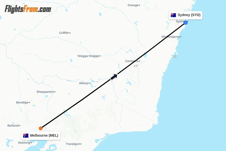 Flights from Melbourne to Sydney route map