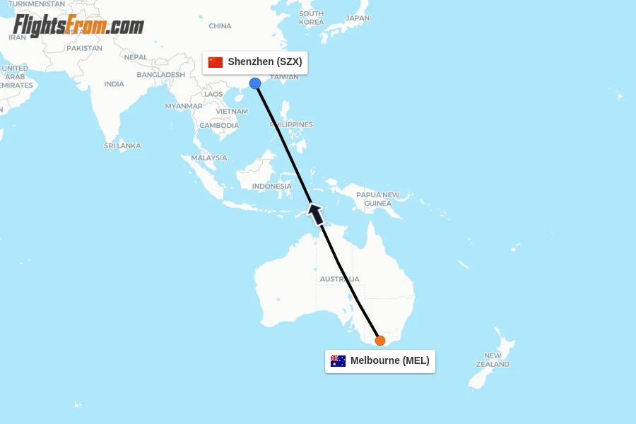 Flights from Melbourne to Shenzhen route map