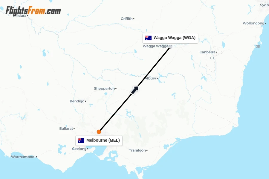 Flights from Melbourne to Wagga Wagga route map