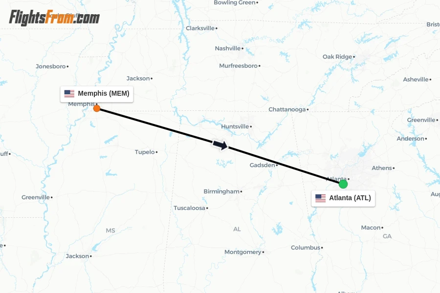 Flights from Memphis to Atlanta route map