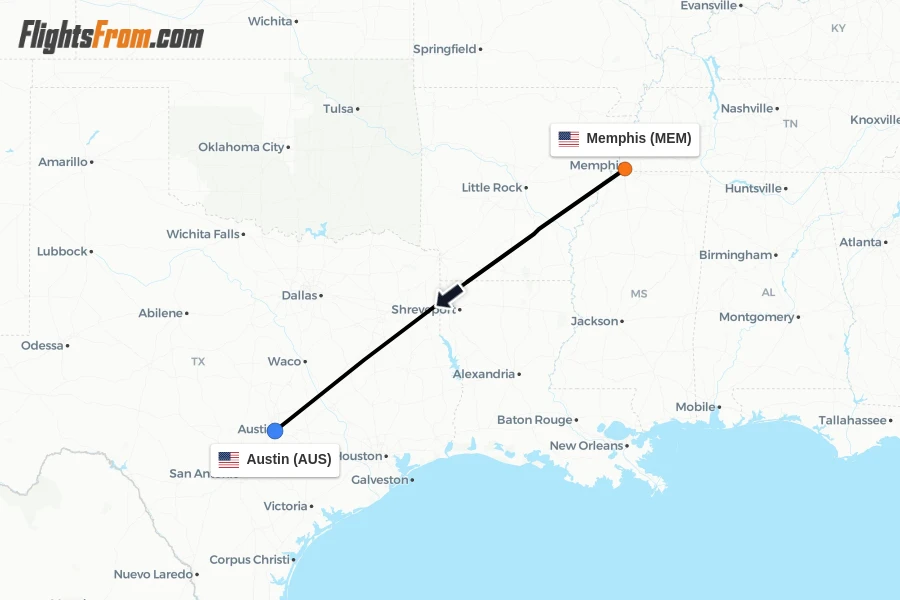 Flights from Memphis to Austin route map