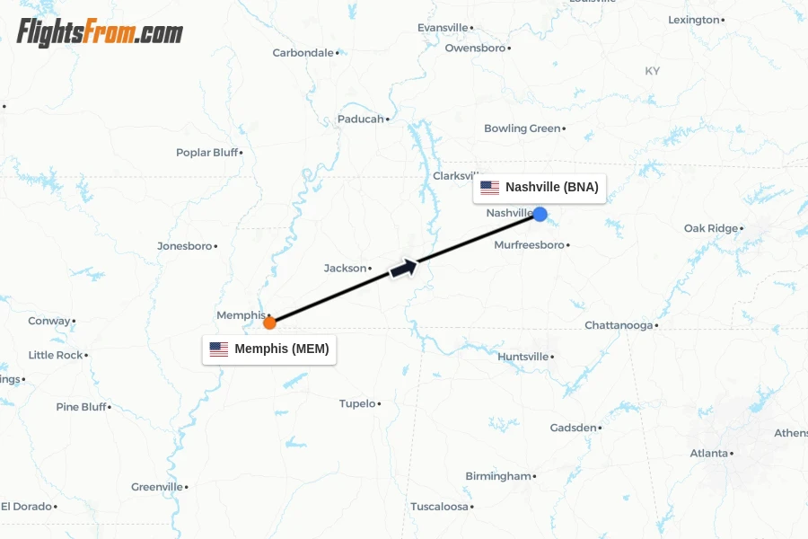 Flights from Memphis to Nashville route map