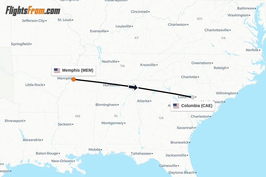 Flights from Memphis to Columbia route map
