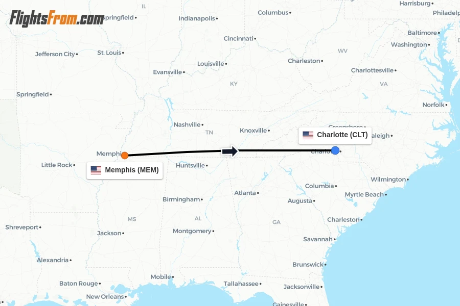 Flights from Memphis to Charlotte route map