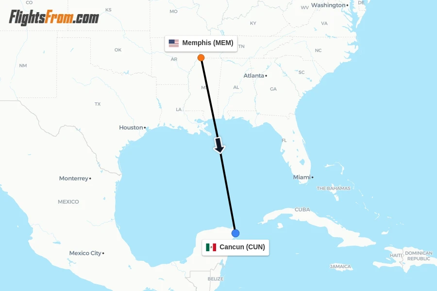 Flights from Memphis to Cancun route map