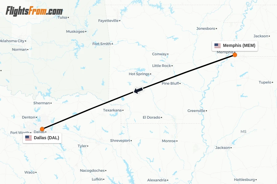 Flights from Memphis to Dallas route map