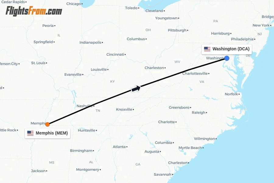 Flights from Memphis to Washington route map