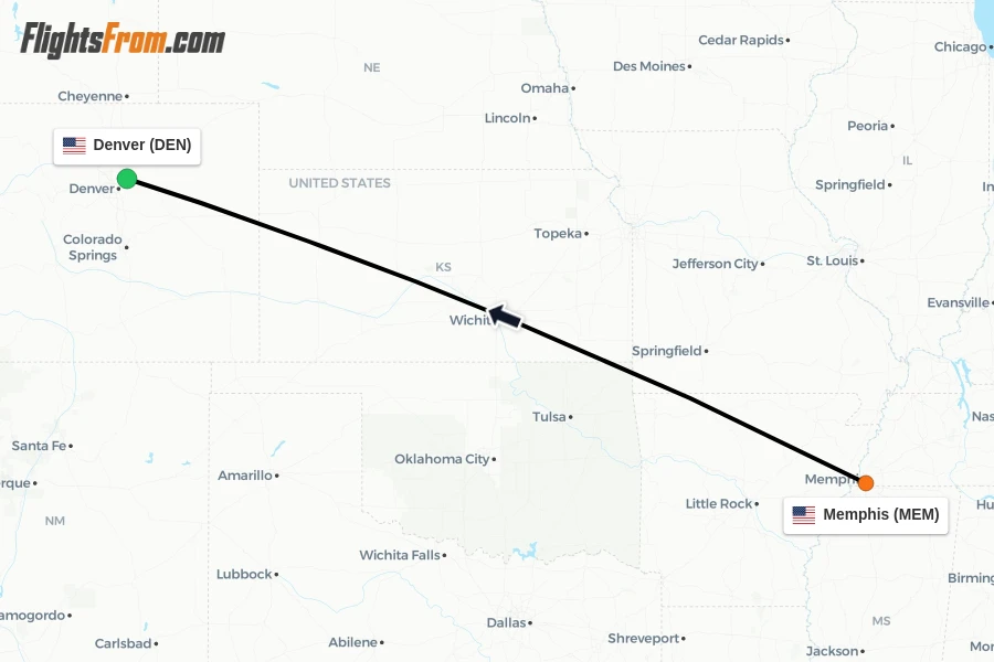 Flights from Memphis to Denver route map